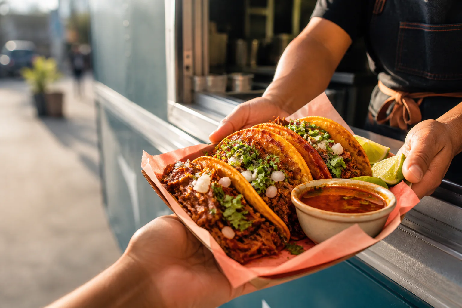 Illustrative close-up of birria tacos being served from a food truck