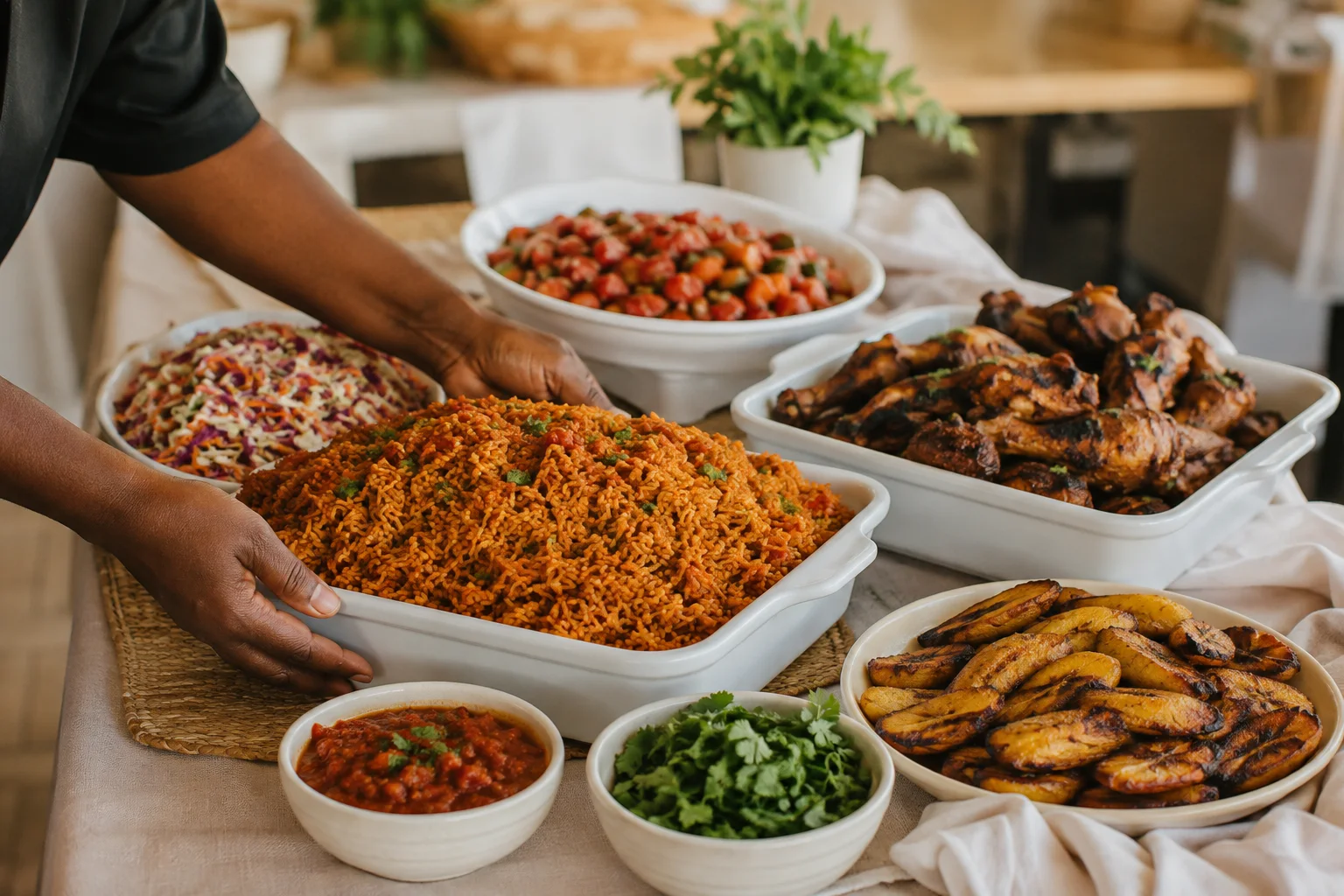 Illustrative caterer setting out jollof rice, grilled chicken, and plantains