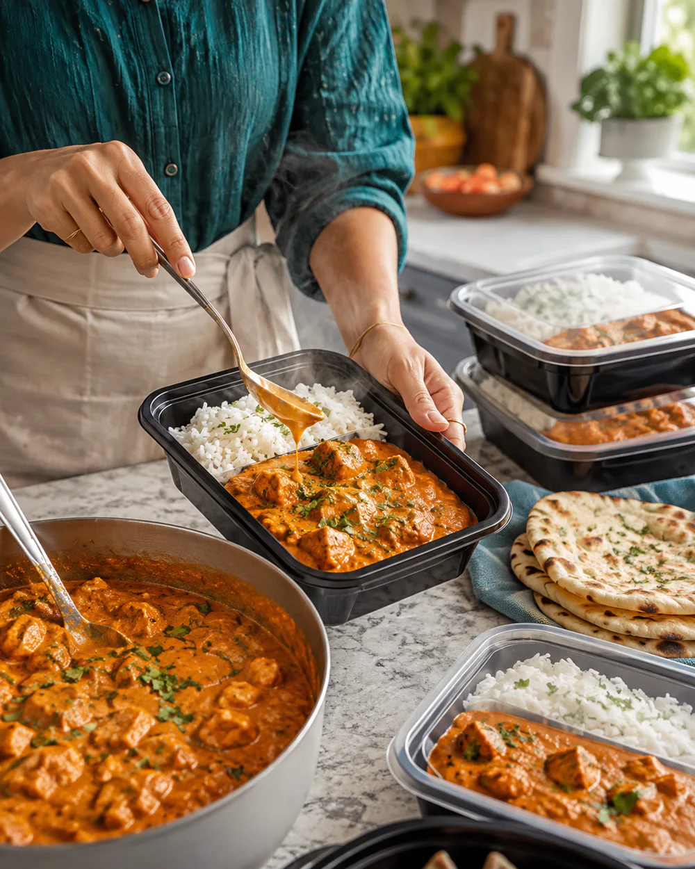 Illustrative home cook packing butter chicken, rice, and naan for pickup