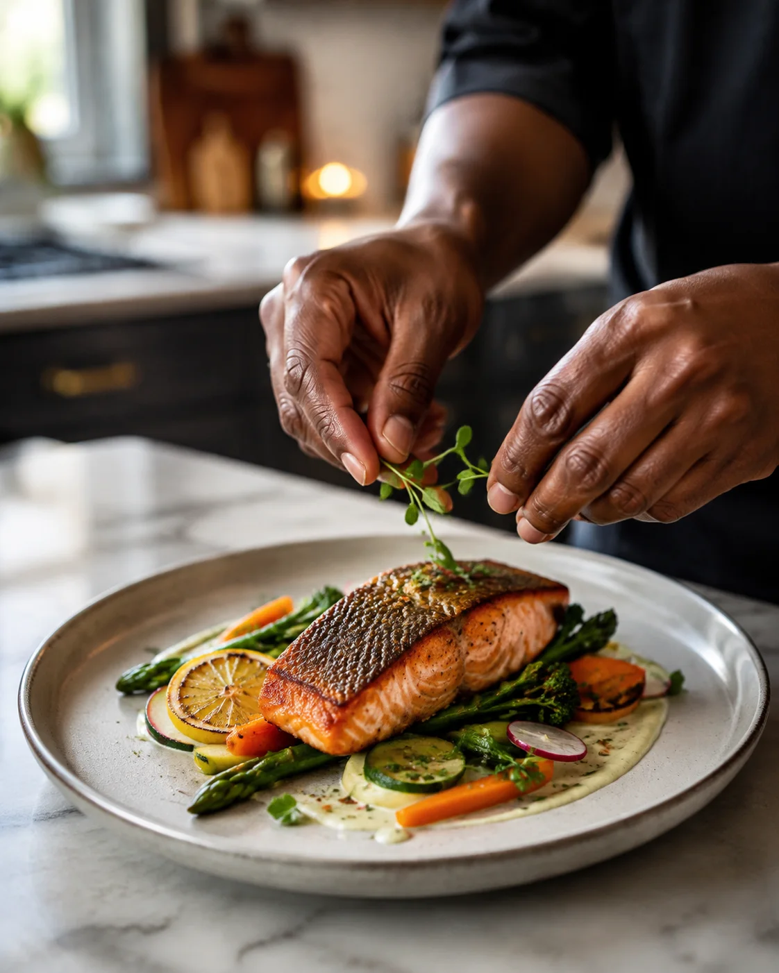 Illustrative private chef finishing a plated salmon dinner