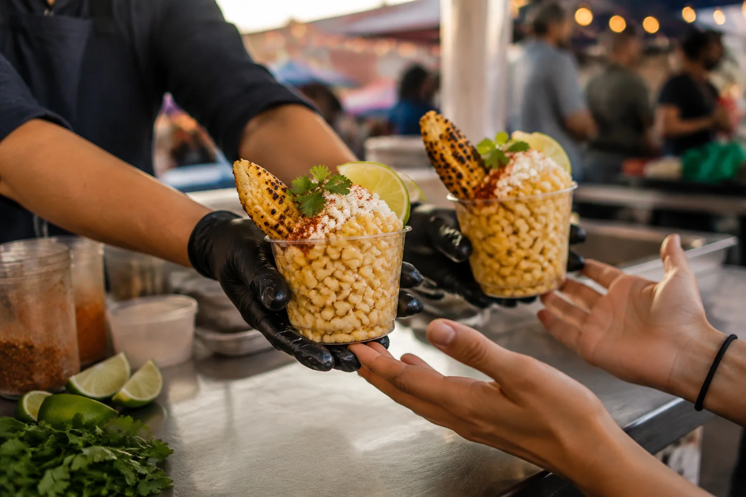 Illustrative street-food cart serving cups of elote at a neighborhood market